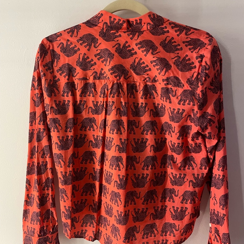 J. Crew Coral Blouse with Navy Elephant Design - Picture 3 of 4